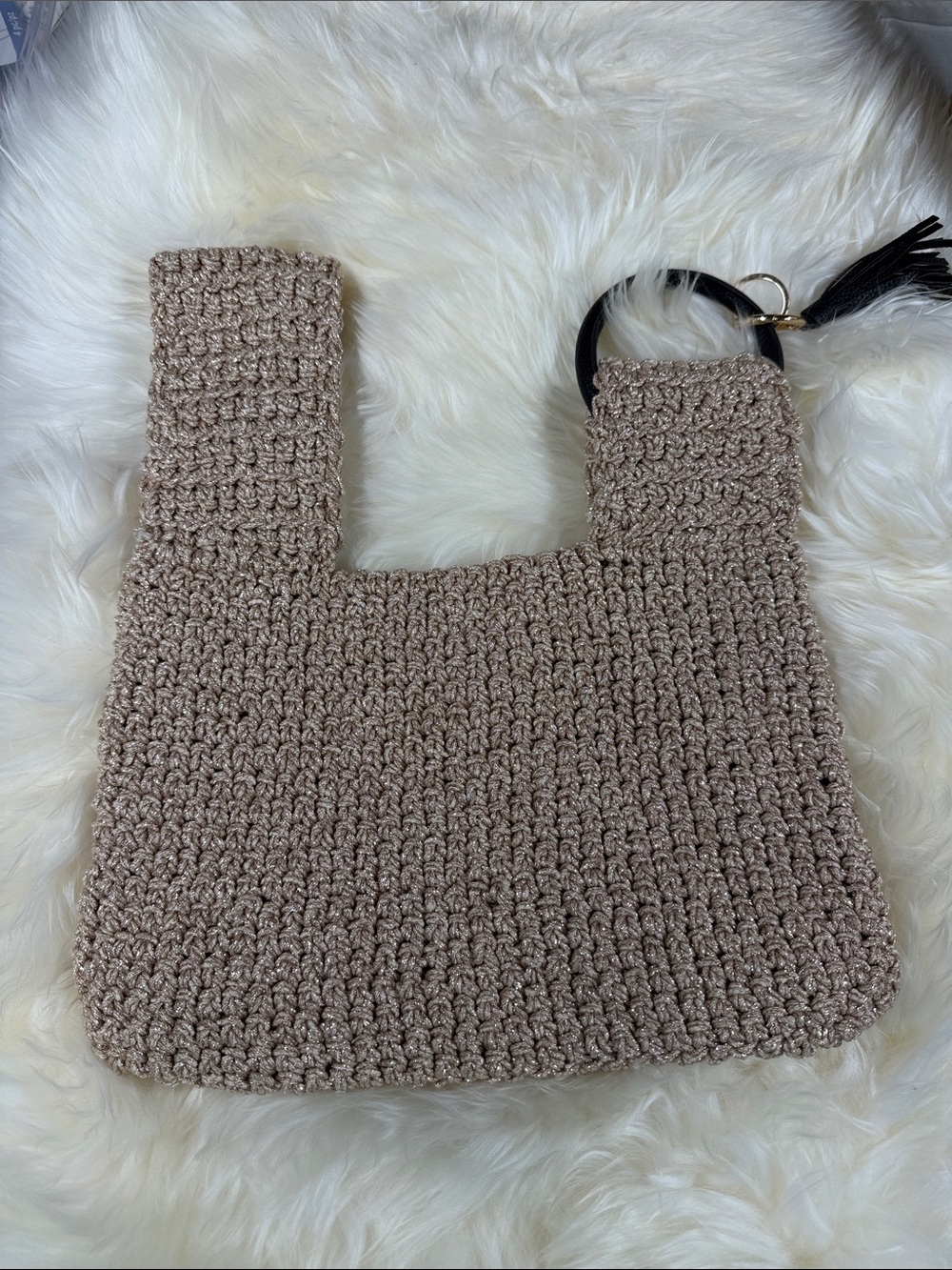 Handcrafted gold Crochet Shoulder Bag with Ring Handle